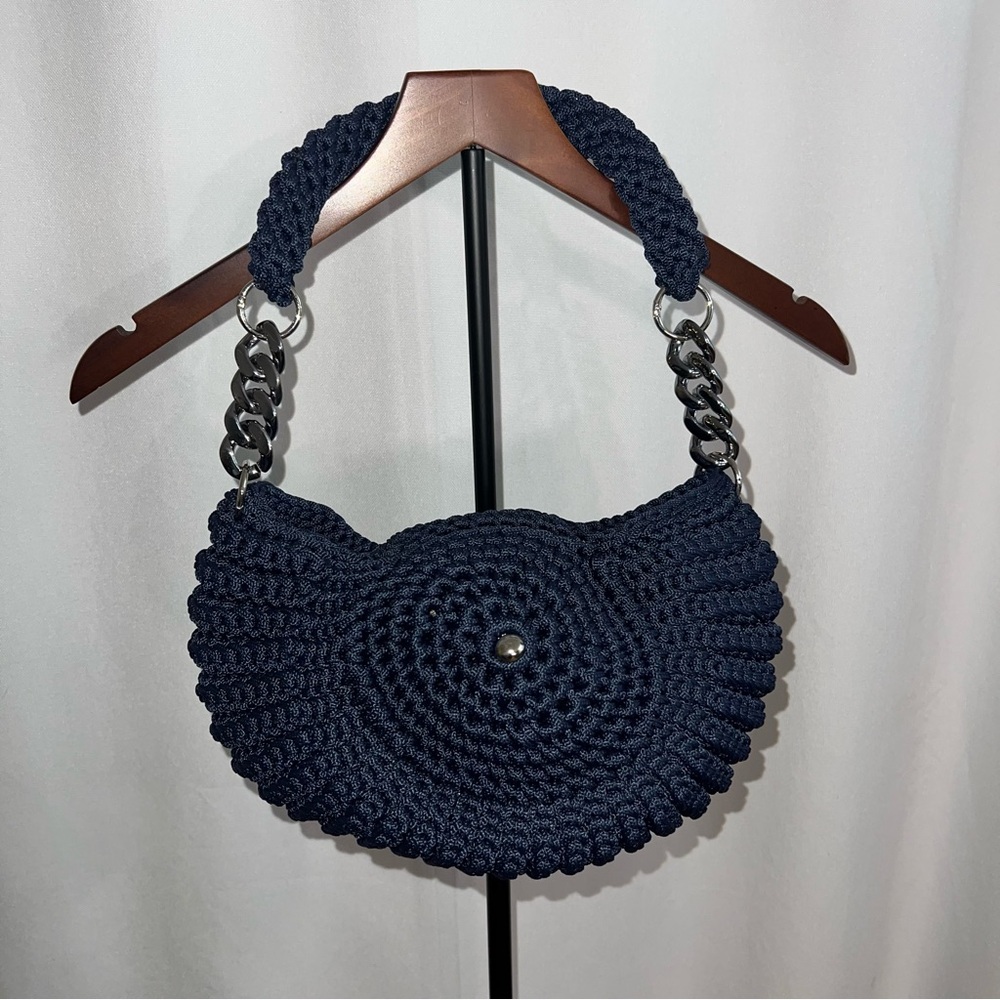 Navy Blue Crochet Oreo Shoulder Bag with Chain Detail - Picture 2 of 8